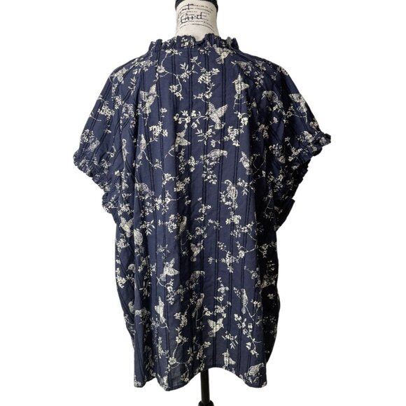 J. Jill Top Floral Bird Short Sleeve Blouse Ruffle Navy Blue Womens Size 4X - Picture 3 of 8